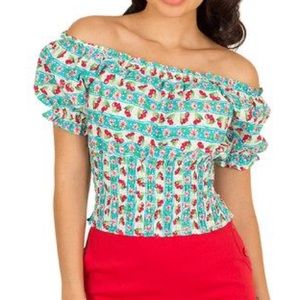 Tatyana Blue and White Cherry Belinda Top L but fits like 1X